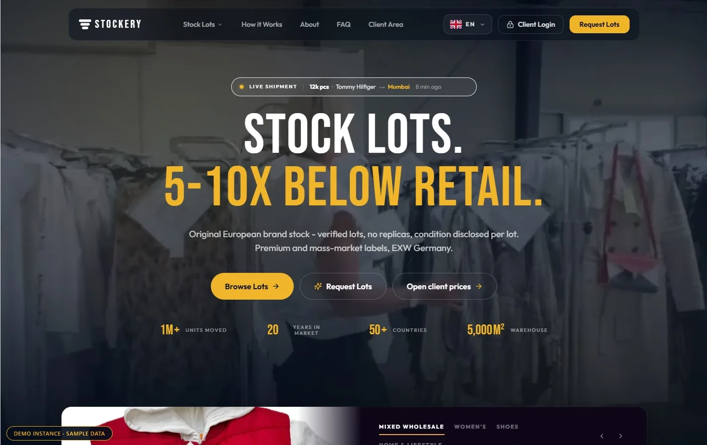Stockery B2B fashion commerce platform homepage