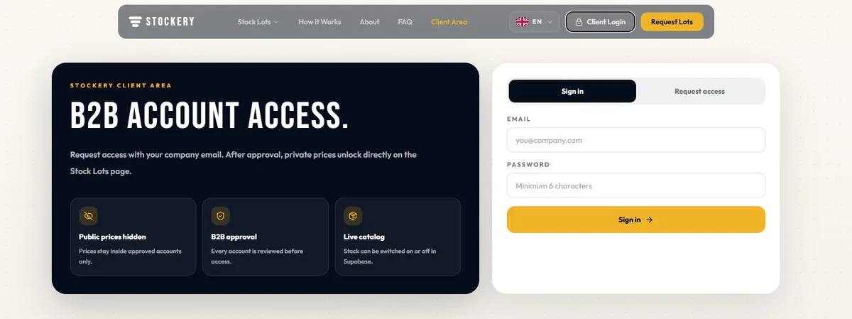 Stockery B2B account access