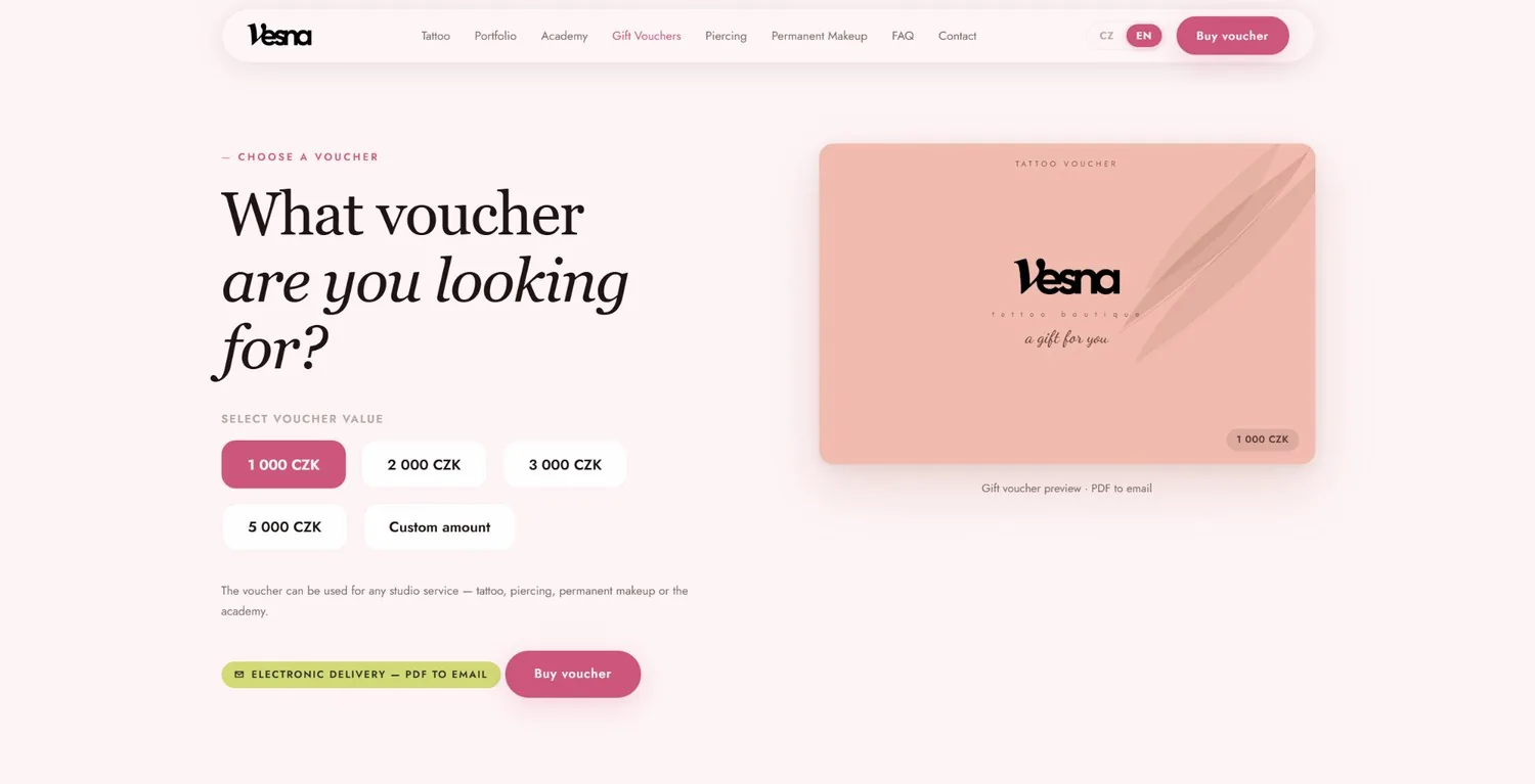 Vesna Tattoo digital gift voucher flow