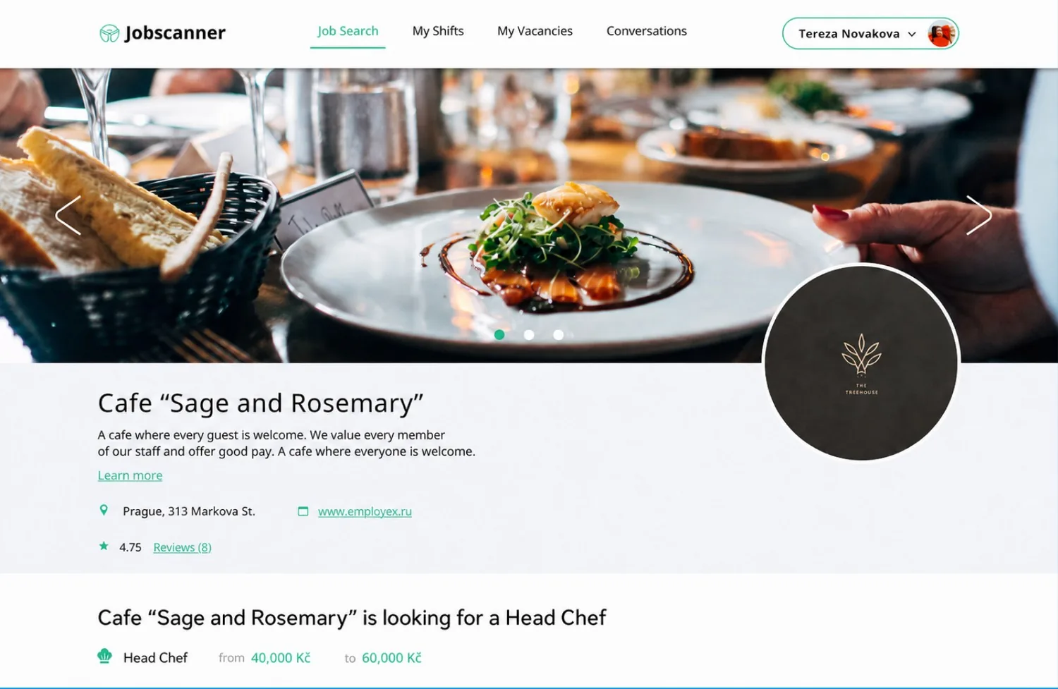 Jobscanner marketplace prototype — job search and employer profile screen